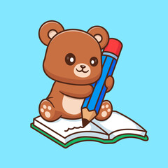 Cute Bear Writing On Book With Pencil Cartoon