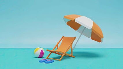 Fototapeta premium Summer Beach Vacation Scene With Striped Umbrella Wooden Chair and Flip Flops on Blue