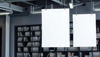 Blank white posters hanging in a modern library or bookstore display