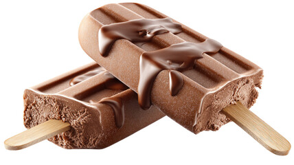 Chocolate ice cream bars with melting milk chocolate drizzle wooden sticks frozen dessert studio macro isolated on white background