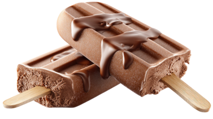Chocolate ice cream bars with melting milk chocolate drizzle wooden sticks frozen dessert studio macro isolated on white background