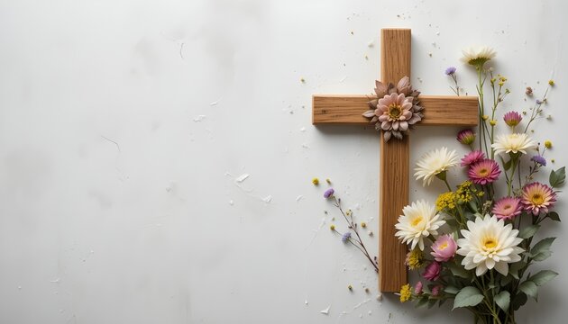 Christian wooden cross with flowers on muted white background, ideal for funeral or memorial invitation templates