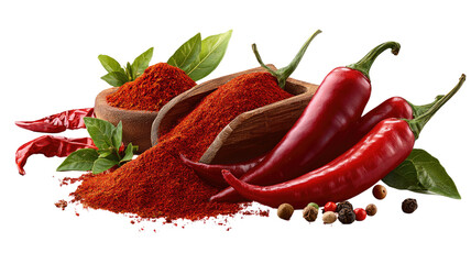 Red chili peppers with paprika powder wooden bowls basil leaves peppercorns spicy seasoning still life isolated on white background