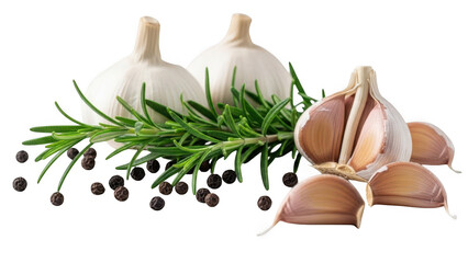 Garlic and rosemary with peppercorns isolated on transparent background