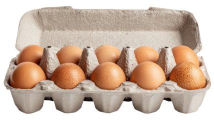 Open cardboard egg carton with fresh brown eggs isolated on black background
