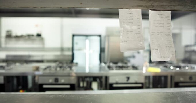 Receipt, bills and chef in kitchen, cuisine and gourmet with apron, healthy meal and paper. Woman, professional and employee with hospitality, orders and documents with invoice and ticket holder