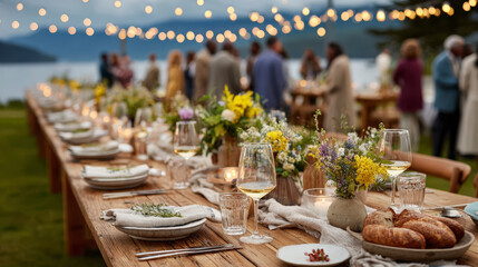 Elegant outdoor dining setup with guests mingling under string lights, featuring beautifully decorated tables overlooking a serene lake.
