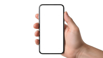 Hand holding smartphone, isolated on transparent background