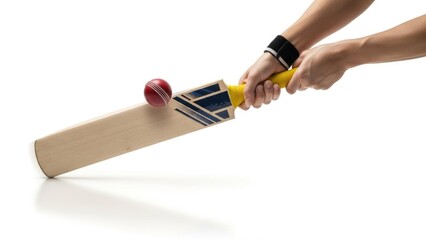 Cricket bat and ball preparing for hit on white background | cricket, ball, hand, sport, red, hand, bat, game, player, adult, fingers, holding |