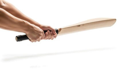 Person holding wooden cricket bat ready to swing on white background | cricket, ball, hand, sport, red, hand, bat, game, player, adult, fingers, holding |