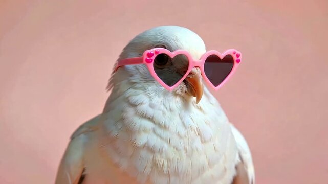 Adorable white dove wearing funny pink heart shaped sunglasses against a soft pastel background for a quirky portrait