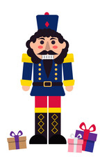 Nutcracker toy and gift boxes on beige background.