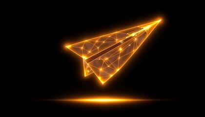 Glowing Orange Wireframe Paper Airplane Flying Against Black Background With Light Streak origami flight