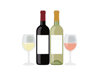 Wine Bottles and Glasses Flat Design Illustration