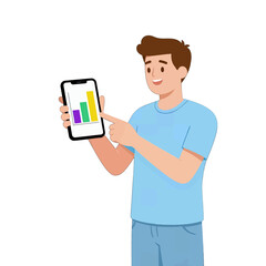 Young Man Using Smartphone with Colorful Bar Graph Illustration