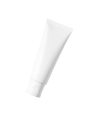 Empty white tube lying on side with a focus on the container's design and shape in plain background setting