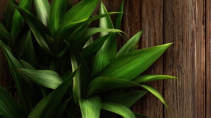 Obraz premium Lush green foliage contrasts beautifully against a richly textured wooden backdrop