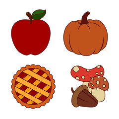 Autumn icons featuring apple, pumpkin, pie and mushrooms