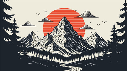 Vintage hand-drawn mountain range with a radiant red sun over a dense pine forest and winding river, perfect for outdoor adventure and travel themes © Purnomo