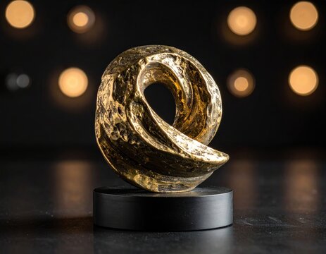 Gold-toned abstract sculpture on a black base, with blurred lights