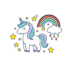 Magical unicorn standing under colorful rainbow with stars