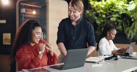Laptop, business people and high five for training success, well done and celebration in office. Computer, achievement and happy team with mentor for goal, performance improvement and victory dance