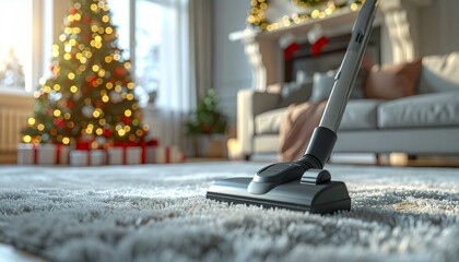Holiday cleaning floor with vacuum. carpeted floor cleaning in living room in the Christmas season