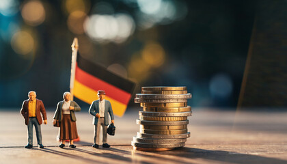 Spielzeugfiguren symbolisieren &auml;ltere Menschen. Deutsche Flagge und M&uuml;nzen im Hintergrund als Symbol f&uuml;r die Rente in Deutschland