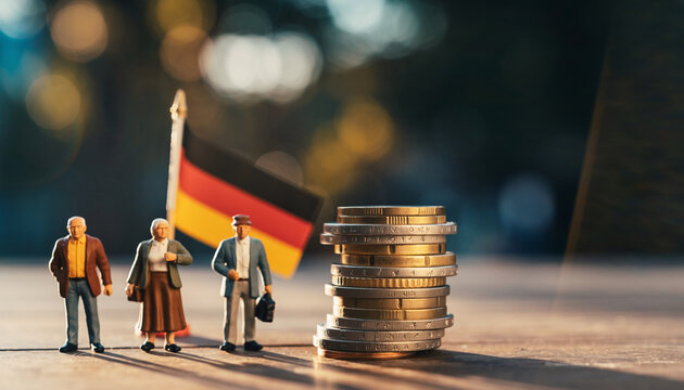Spielzeugfiguren symbolisieren &auml;ltere Menschen. Deutsche Flagge und M&uuml;nzen im Hintergrund als Symbol f&uuml;r die Rente in Deutschland