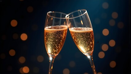 Two sparkling champagne flutes clinking in celebration with golden bubbles against a bokeh background. Perfect for New Year, weddings, or parties.