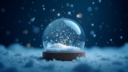 A serene snow globe with sparkling snowflakes, set against a dreamy blue winter backdrop. Perfect for holiday decor and cozy ambiance.