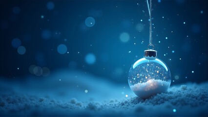 A glowing Christmas ornament hanging in a snowy blue scene with bokeh lights, capturing festive winter magic and holiday cheer.
