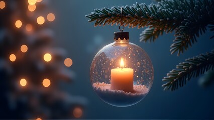 Glowing candle inside a glass ornament hanging on a snowy pine branch, with blurred Christmas lights in the background. Festive winter holiday decor.