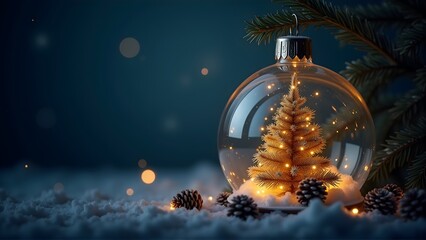Glowing Christmas ornament with miniature tree, snow, pinecones, and festive lights. Perfect for holiday decor and winter ambiance.