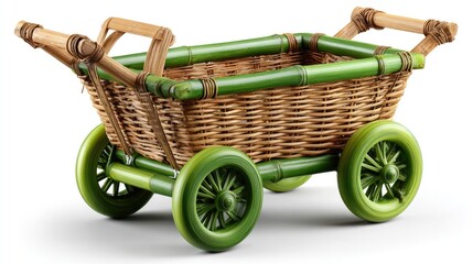 Fototapeta premium Woven Cart: A charming woven cart, meticulously crafted from natural materials, stands ready to embrace functionality and aesthetic. The cart's design harmoniously blends textures and hues. 