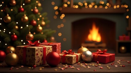 Cozy Christmas scene with decorated tree, fireplace, and gifts. Warm lights, festive ornaments, and presents create holiday magic. Perfect for Christmas decor inspiration.