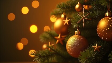Golden Christmas tree adorned with shimmering ornaments and star decorations, warm bokeh lights create festive holiday atmosphere.