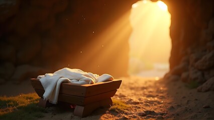 Sunset glow through a rocky archway with a wooden bench draped in a white blanket, creating a serene natural retreat.