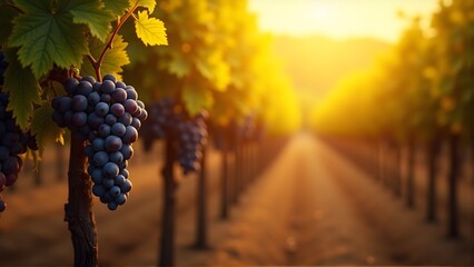 Sunset vineyard with ripe purple grapes, golden light, and rows of grapevines creating a serene agricultural landscape