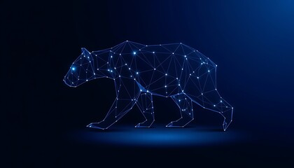 Blue digital wireframe bear silhouette with glowing lights on dark blue background network
