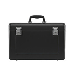 Detailed studio shot of a black beveled ABS plastic briefcase with a smooth subtle roughness clear coat gloss finish featuring silver metal clasps and handle on a transparent background