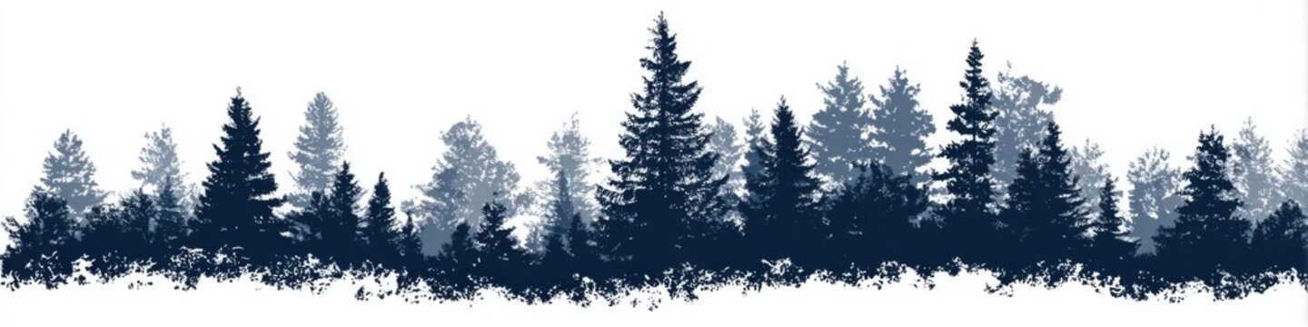 Silhouette of Tall Evergreen Pine Trees Forest, Dark Blue Tones on White Background, Minimalist, Abstract Nature Winter Landscape.