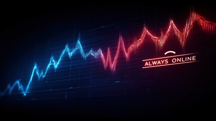 A digital data streams with a mesmerizing display of a red and blue waveform. Represents constant online presence. ..Created with Generative AI, not depicting real subjects.