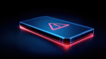 A futuristic smartphone, glowing with a neon warning sign, isolated on a sleek dark surface, signaling technical difficulties. ..Created with Generative AI, not depicting real subjects.