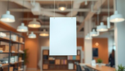 Blank white sign hanging in a modern cafe or bookstore interior