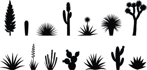 Collection of Desert Plant Silhouettes in Black and White Keywords: desert, plants, cactus, succulents, flora, vegetation © Shakila