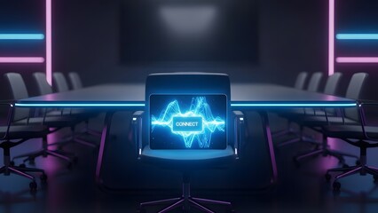 Empty Meeting Chair with Digital Tablet Glowing in Dark Modern Office