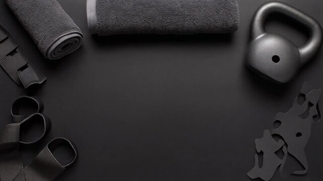 Fitness equipment arranged on a dark background for a workout routine or exercise session
