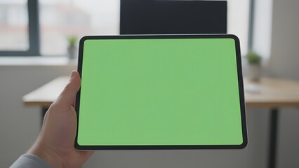 Hand holding tablet with green screen.