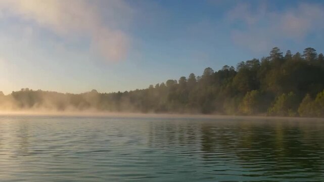Thin mist drifts gently over the lake surface, with the moisture shrouding the water and blurring the distant shoreline